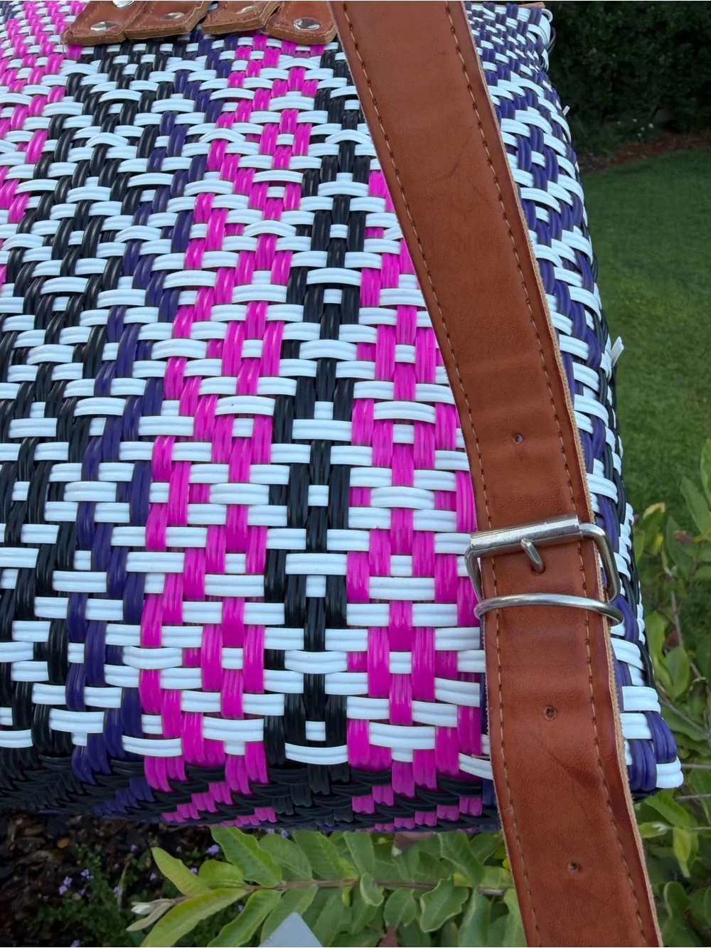 Woven Geometric Backpack Tote with Tassel Charm